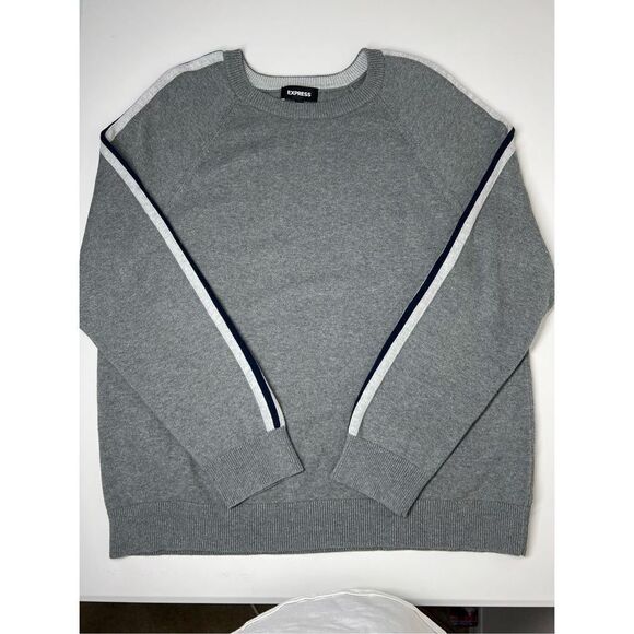 Express Gray Cotton Crewneck Sweater Long Sleeve Stripes Sleeve Size XL - Picture 3 of 5